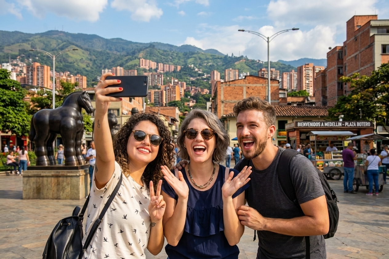 Group of tourists enjoying Medellín with friends