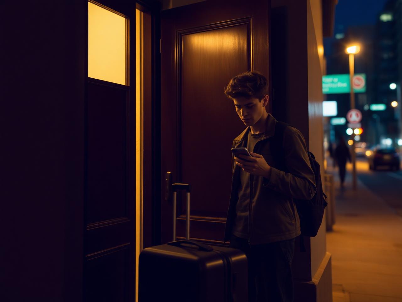 Traveler stranded outside an apartment at night